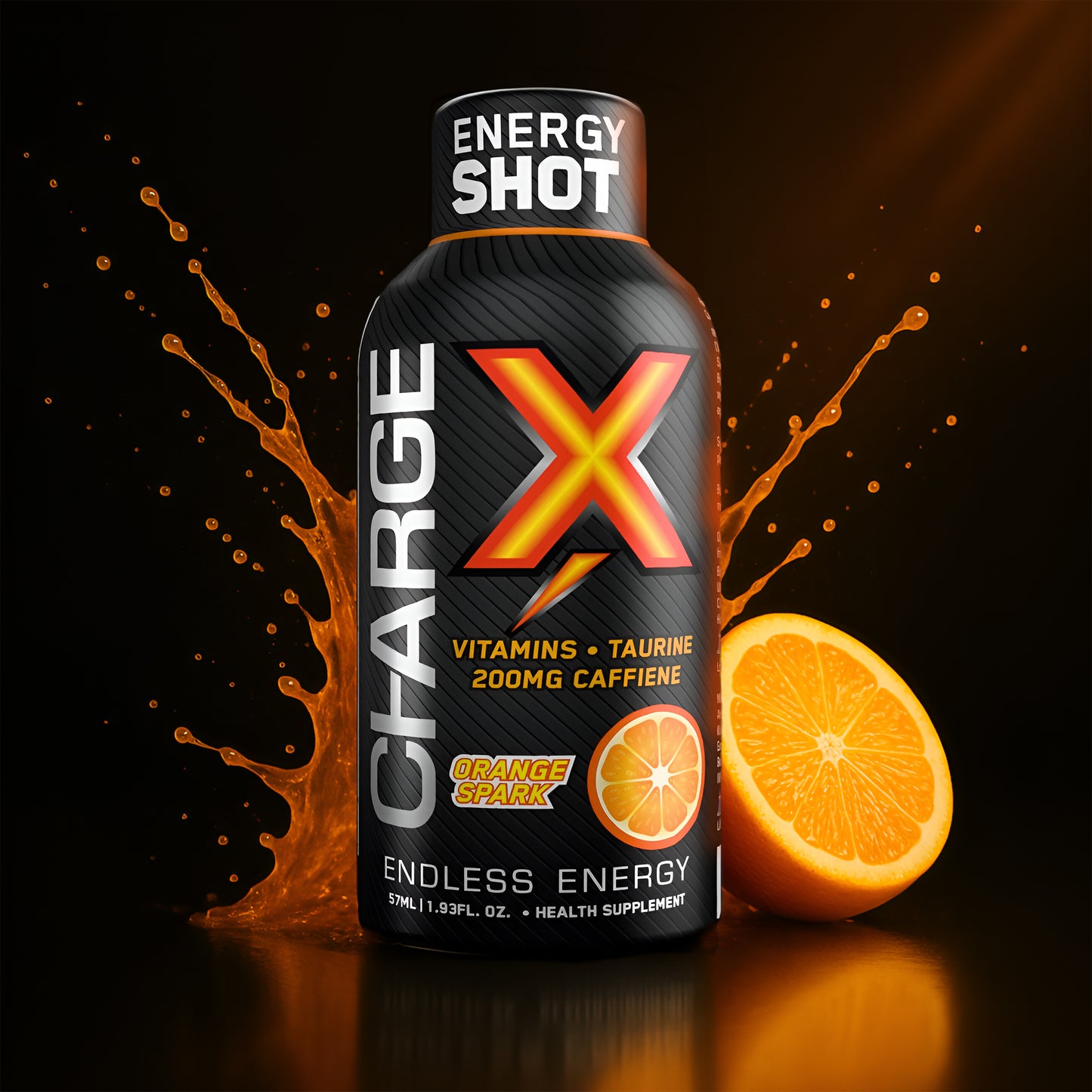 Charge X Energy Shot – Orange Spark | 200mg Caffeine | Pack of 12 (57ml Each) | Sugar-Free | Vitamins + Taurine | Long-Lasting Energy Boost
