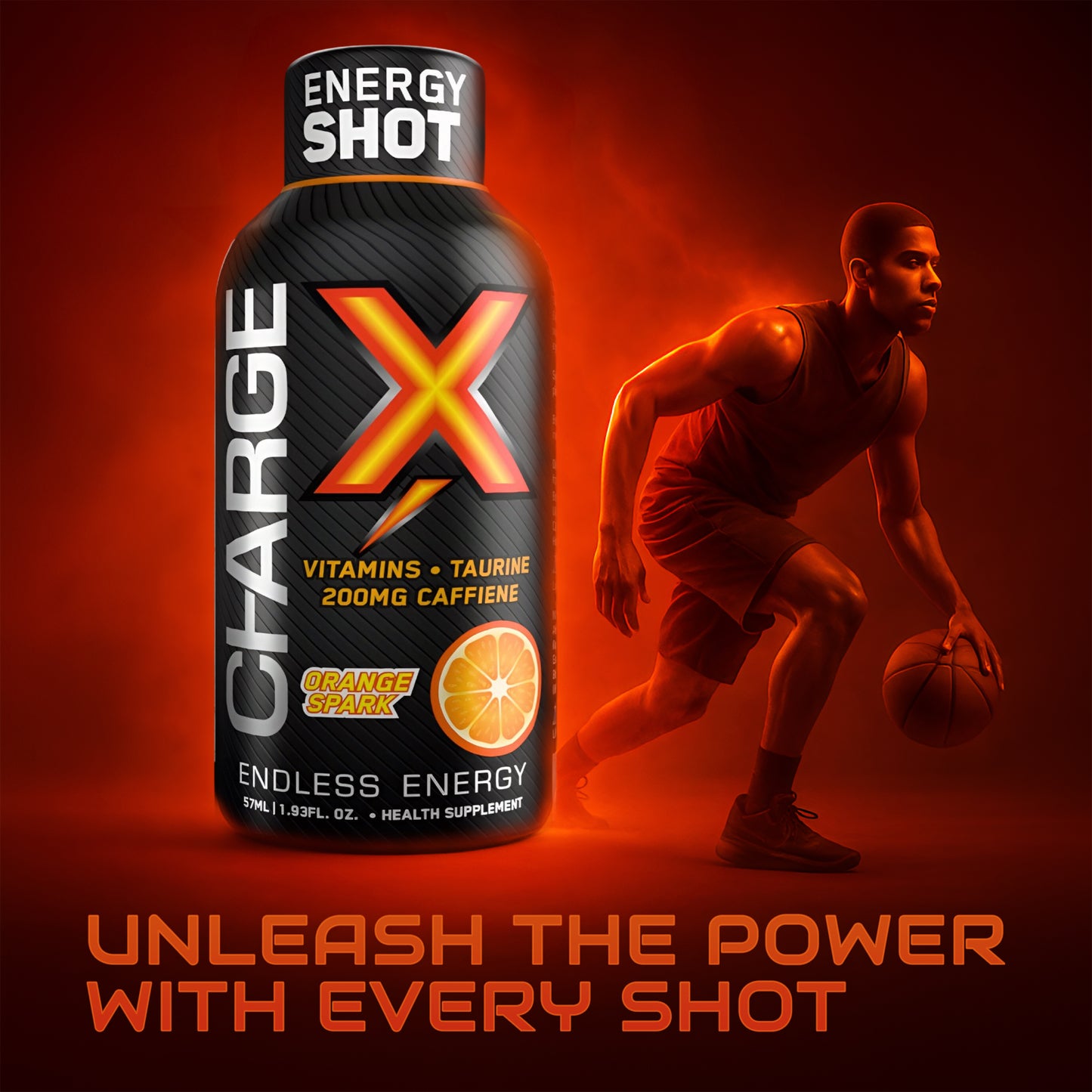 Charge X Energy Shot – Orange Spark | 200mg Caffeine | Pack of 12 (57ml Each) | Sugar-Free | Vitamins + Taurine | Long-Lasting Energy Boost