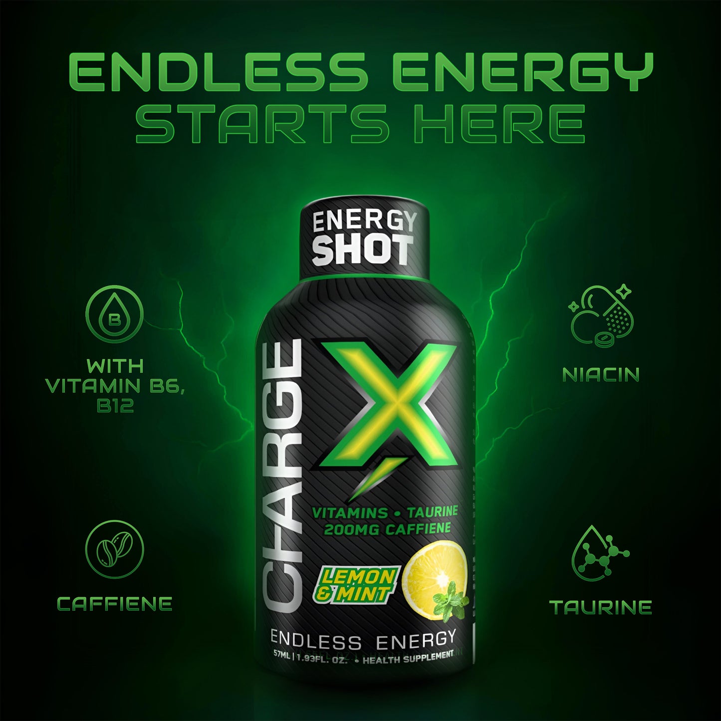 Charge X Energy Shot – Lemon & Mint Flavor | 200mg Caffeine | Pack of 6 (57ml Each) | Sugar-Free | Taurine + Vitamins | Instant Clean Energy