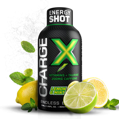 Charge X Energy Shot – Lemon & Mint | 200mg Caffeine | Pack of 12 (57ml Each) | Sugar-Free | Vitamins + Taurine | Clean Instant Energy Boost