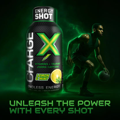 Charge X Energy Shot – Lemon & Mint | 200mg Caffeine | Pack of 12 (57ml Each) | Sugar-Free | Vitamins + Taurine | Clean Instant Energy Boost