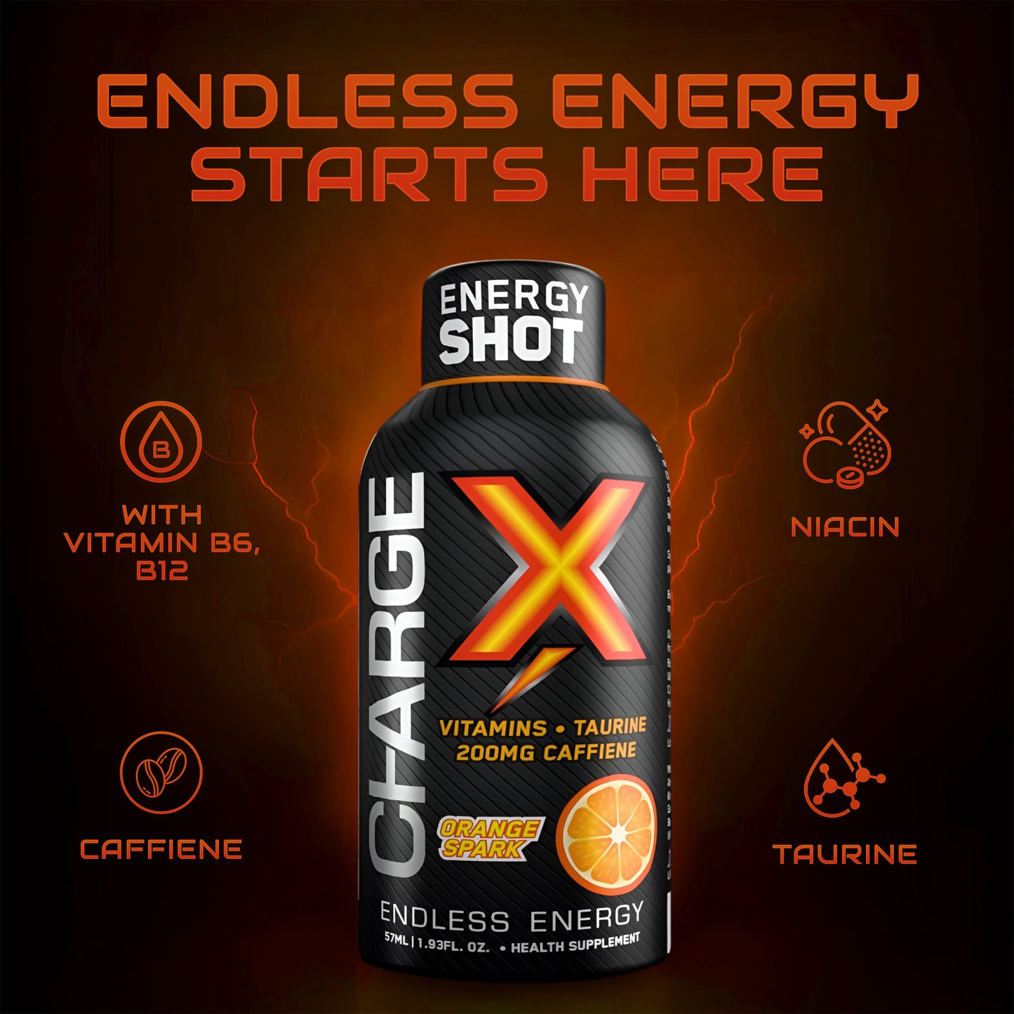 Charge X Energy Shot – Orange Spark | 200mg Caffeine | Pack of 12 (57ml Each) | Sugar-Free | Vitamins + Taurine | Long-Lasting Energy Boost